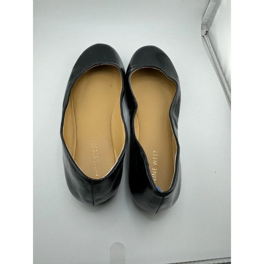 Nine West Fascinate Ballet Flats Size 7.5M Black Patent Leather Round Toe Shoes‎